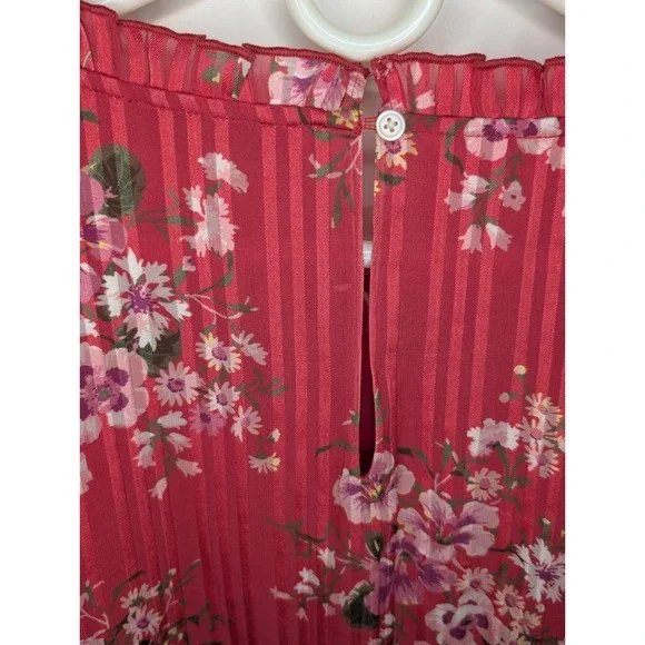 Loft Women's Size Large Dark Pink Floral Dress Lined Keyhole Ruffle Tie Belt EUC - Picture 5 of 7